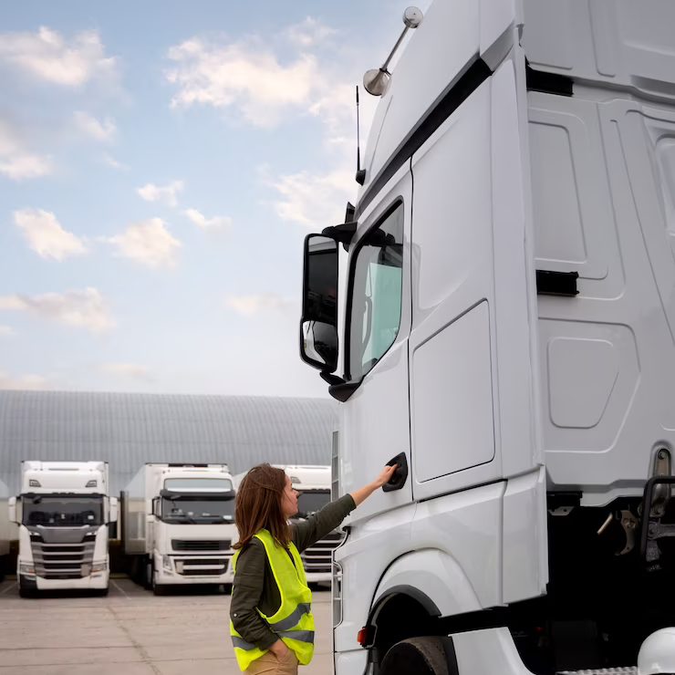 Full shot woman fixing truck