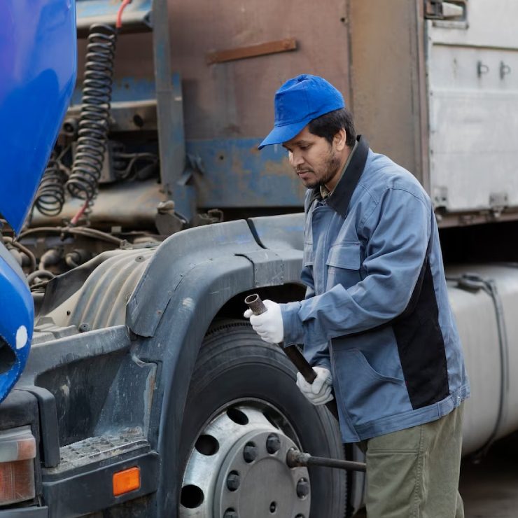 Side view mechanic checking truck Side view mechanic checking truck